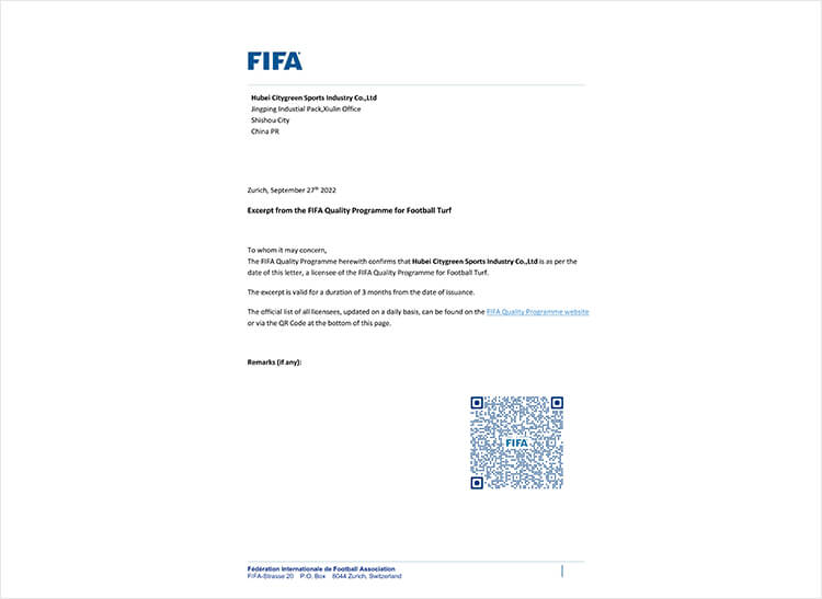 國際足聯(FIFA）認證供應商<br>全球20+家獲FIFA場地認證企業之一